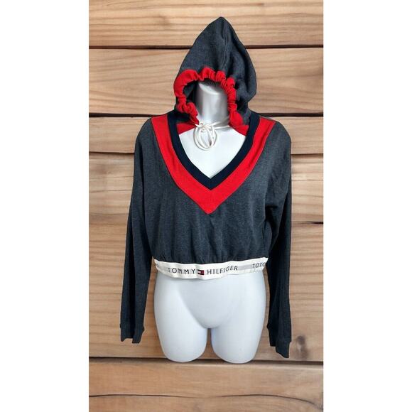 Womens Tommy Hilfiger Retro Cropped Lounge Hoodie Sz Small Sweatshirt V-Neck NEW - Picture 4 of 11
